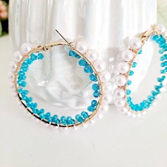 💖2/$30 Gold tone boho hoop pearl blue turquoise beaded coquette chunky earrings - Picture 5 of 17